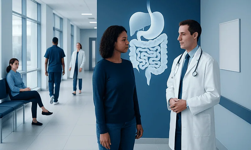 Doctor consulting with patient in gastroenterology clinic at Acibadem Hospital.
