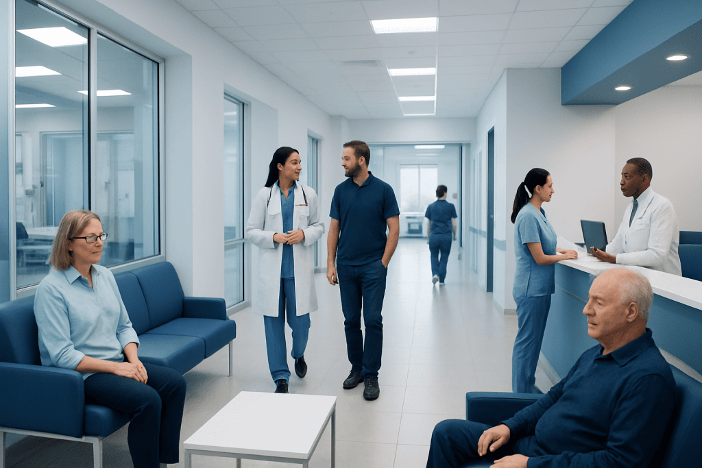 How Often Should You Get a General Health Screening? 1 Patients and medical staff in a modern hospital corridor.