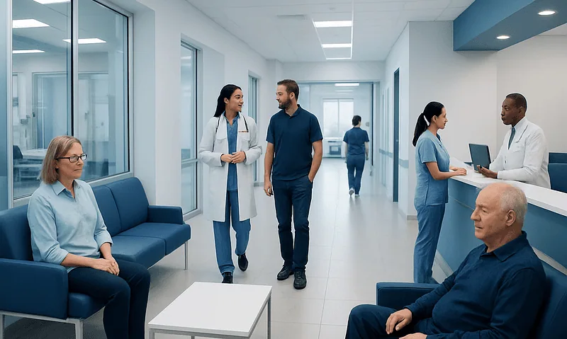 Patients and medical staff in a modern hospital corridor.