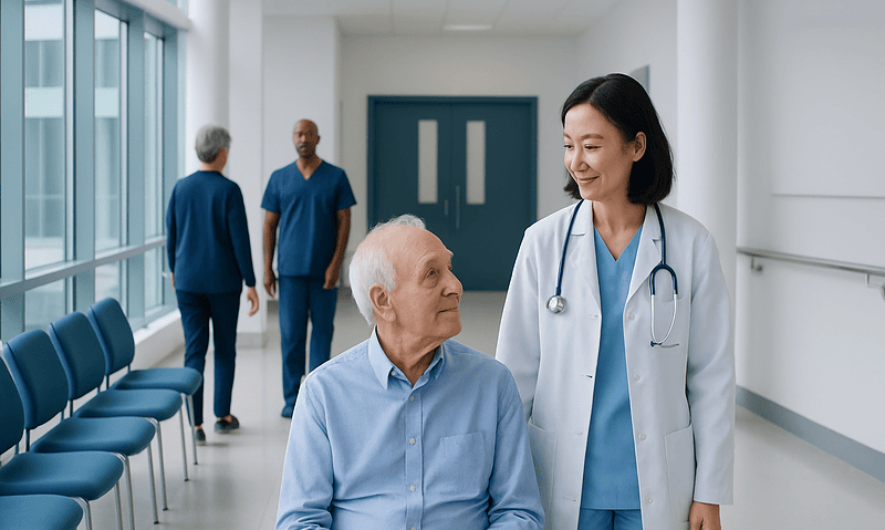 Geriatric neurology consultation with elderly patient and doctor in hospital.