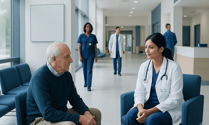 Doctor consulting elderly patient in hospital corridor.