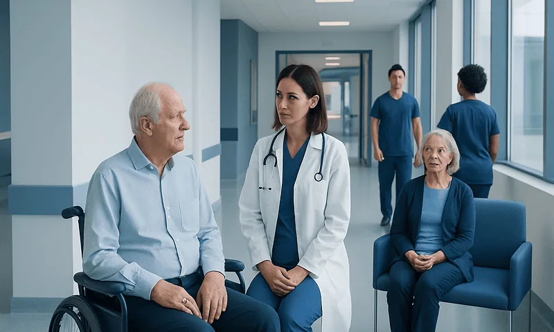 Elderly patient in wheelchair talking to a doctor in hospital corridor.
