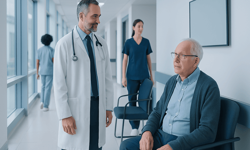 Doctor consulting elderly patient in hospital corridor.