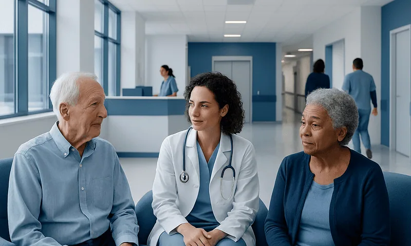Doctor consulting elderly patients in a hospital corridor.