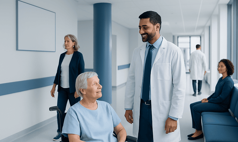 Geriatric patient with doctor in hospital corridor at Acibadem Hospitals Group.