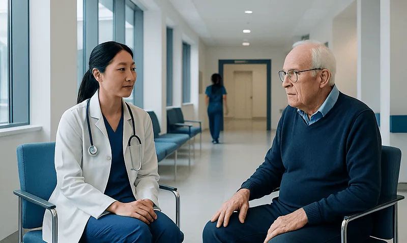 Doctor consulting elderly patient in hospital corridor.