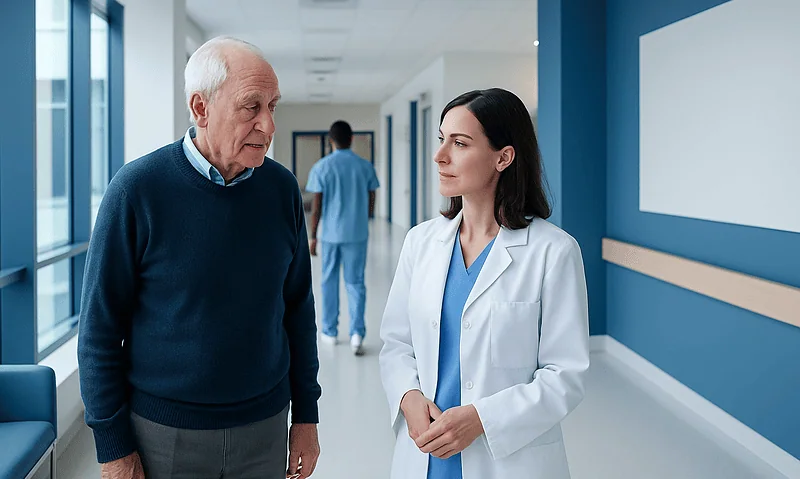Senior patient consulting with a neurologist in a hospital corridor.