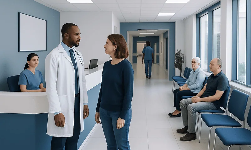 Doctor consulting with a patient in a hospital corridor with waiting area.