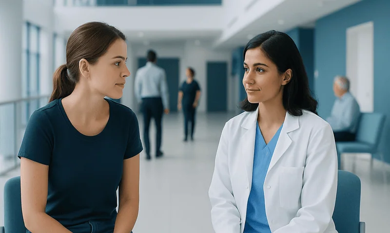 Gynecologist consulting a patient in a modern hospital corridor.
