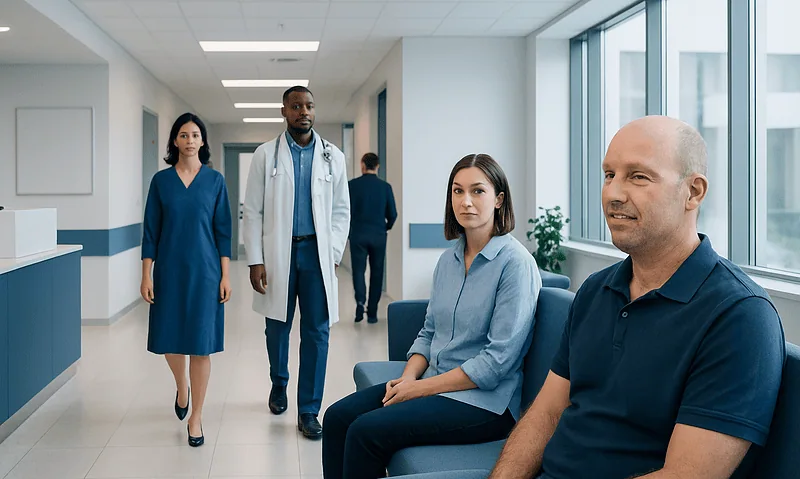 Medical consultation in a modern hospital corridor with diverse healthcare professionals.