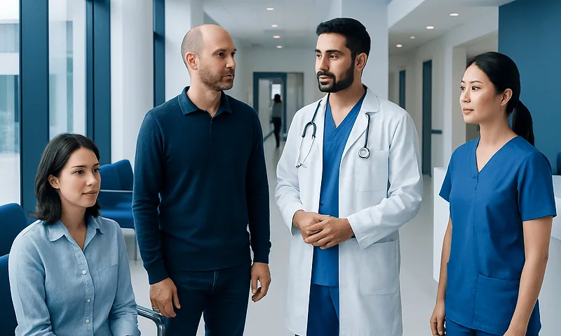 Medical consultation with a doctor and patients in a hospital corridor.