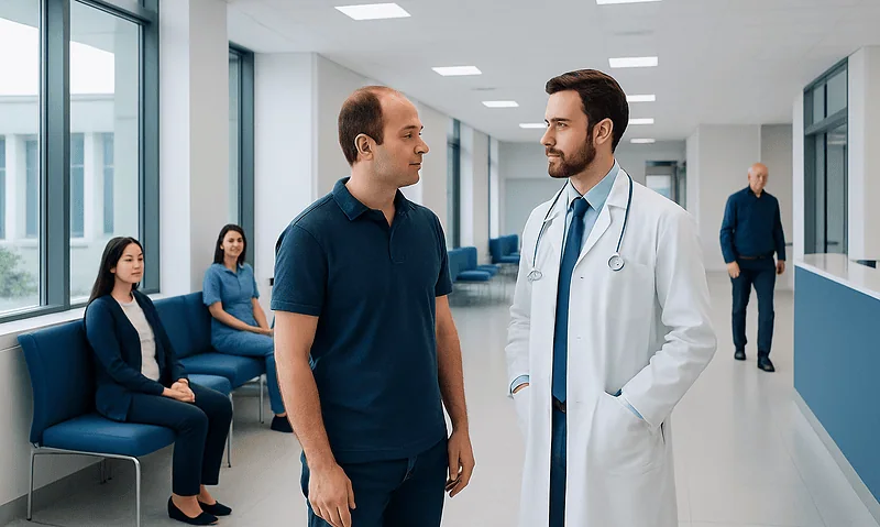 Doctor consulting with patient in hospital corridor with waiting area.