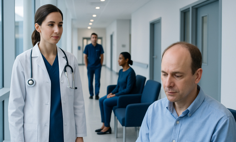 Doctor consulting with patient in hospital corridor.