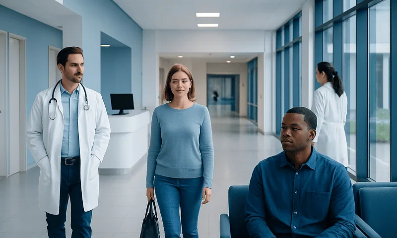 Patients and doctor in hospital corridor at Acibadem Hospitals Group.