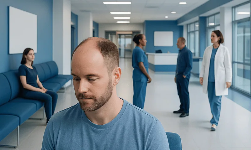 Patient waiting in a modern hospital corridor with medical staff in the background.