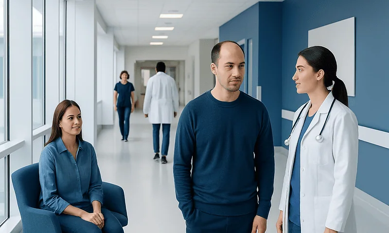 Patients and doctor in a hospital corridor, healthcare setting.