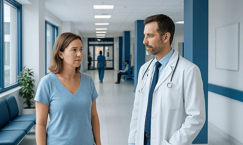 Doctor consulting with a patient in a hospital corridor.