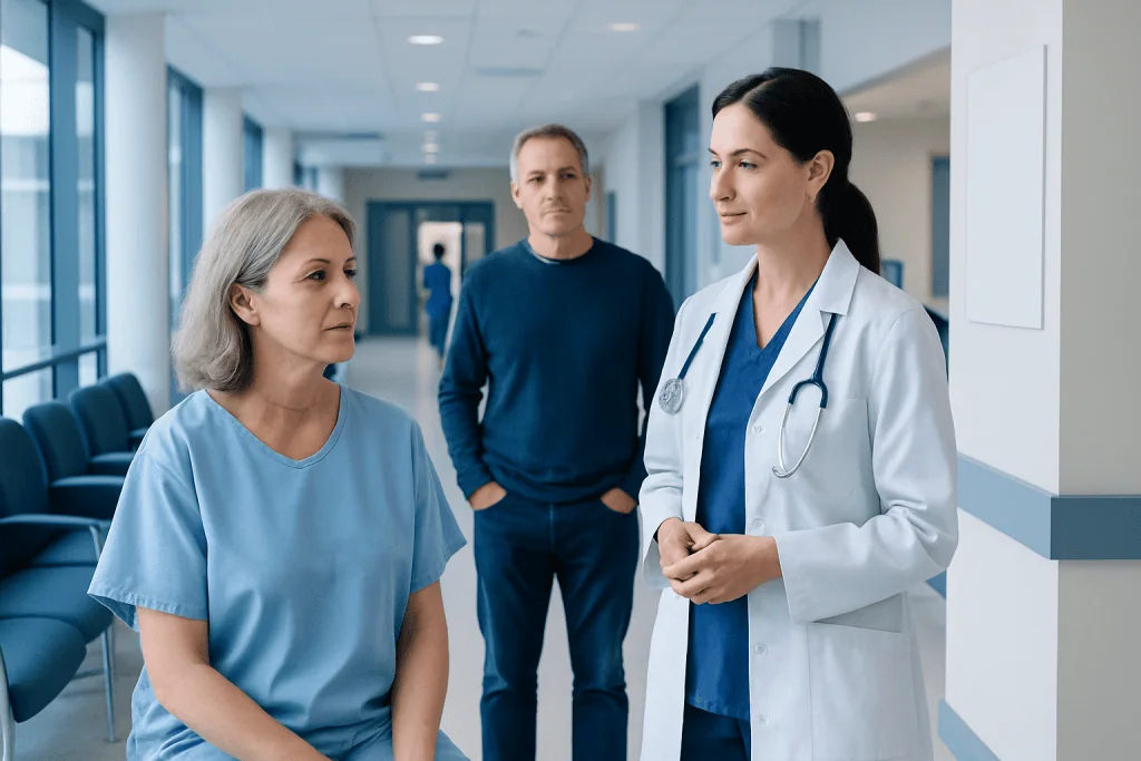 Thyroid Cancer After Surgery: Radioactive Iodine, Follow-Up Tests, and Long-Term Monitoring 1 Doctor consulting with a patient in a hospital corridor.
