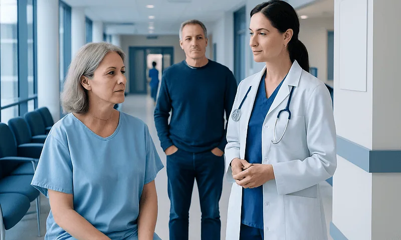 Doctor consulting with a patient in a hospital corridor.