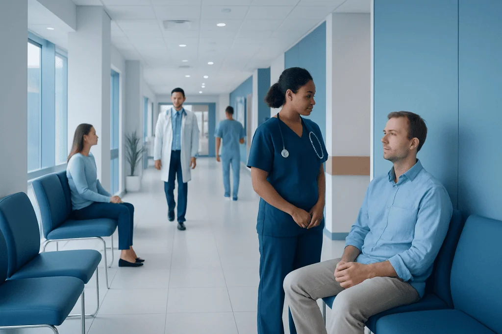 Alcohol Detox Recovery: What to Expect After Withdrawal Symptoms Peak 1 Healthcare professionals consulting in a modern hospital corridor.