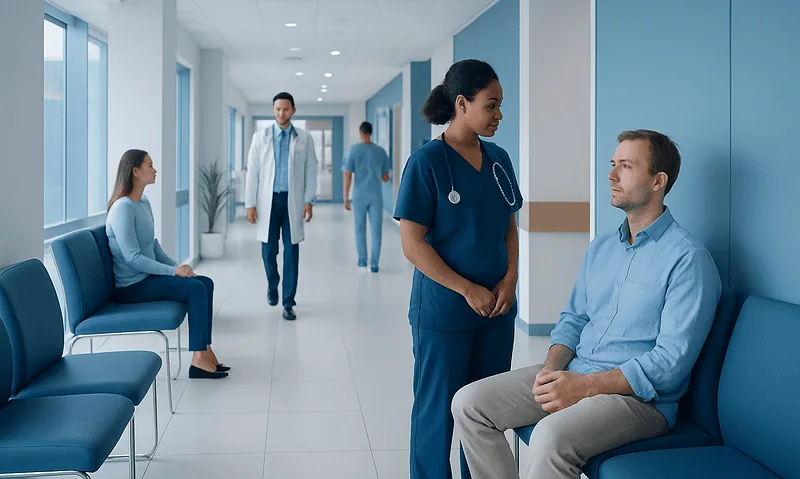 Healthcare professionals consulting in a modern hospital corridor.
