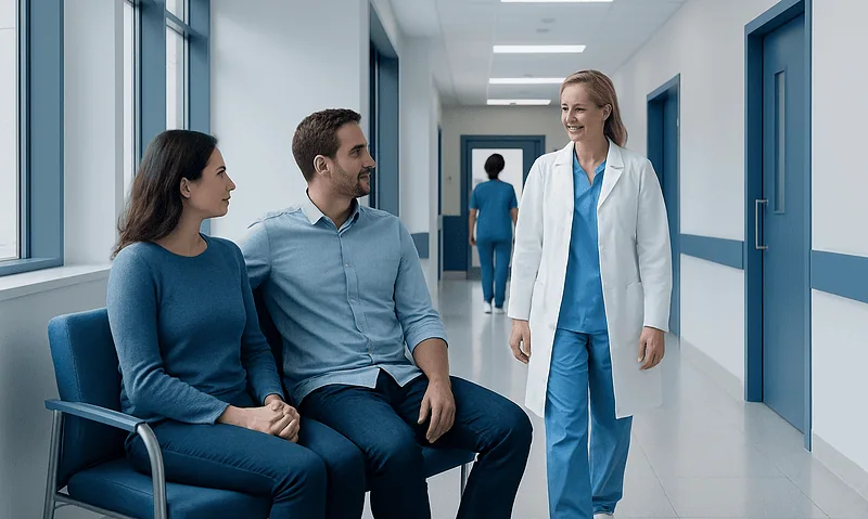 Fertility clinic consultation with doctor and patients in hospital corridor.