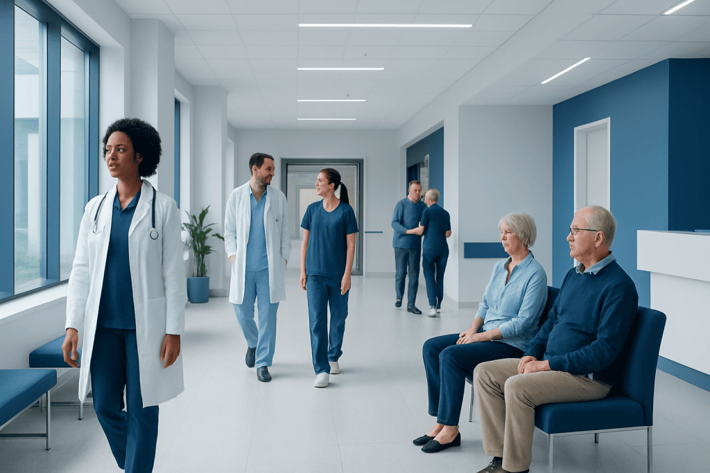 What Affects Life Expectancy Most? Risk Factors Doctors Prioritize 1 Hospital corridor with medical staff and patients in a modern healthcare facility.