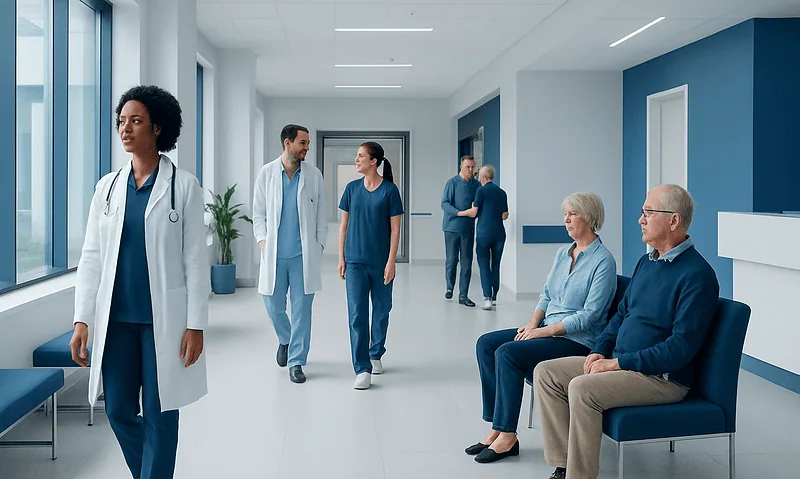 Hospital corridor with medical staff and patients in a modern healthcare facility.