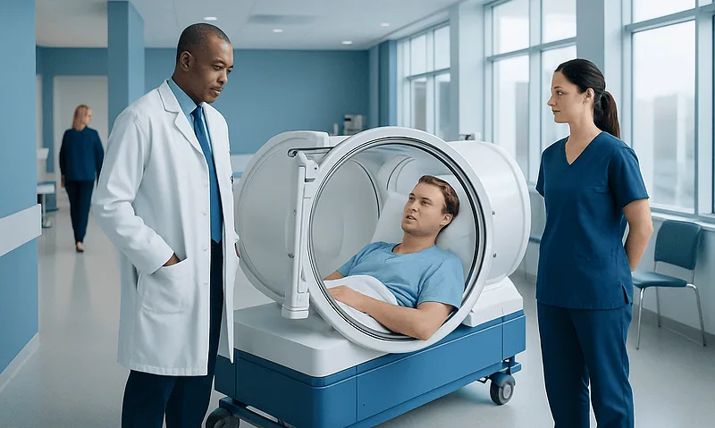 Patient undergoing hyperbaric oxygen therapy in a modern hospital setting.