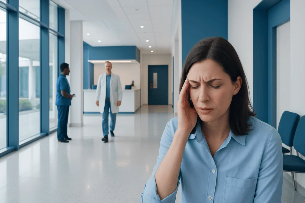 Headache Warning Signs: When Severe Pain Could Mean More Than a Typical Headache 1 Woman with headache in hospital corridor, healthcare professionals in background.