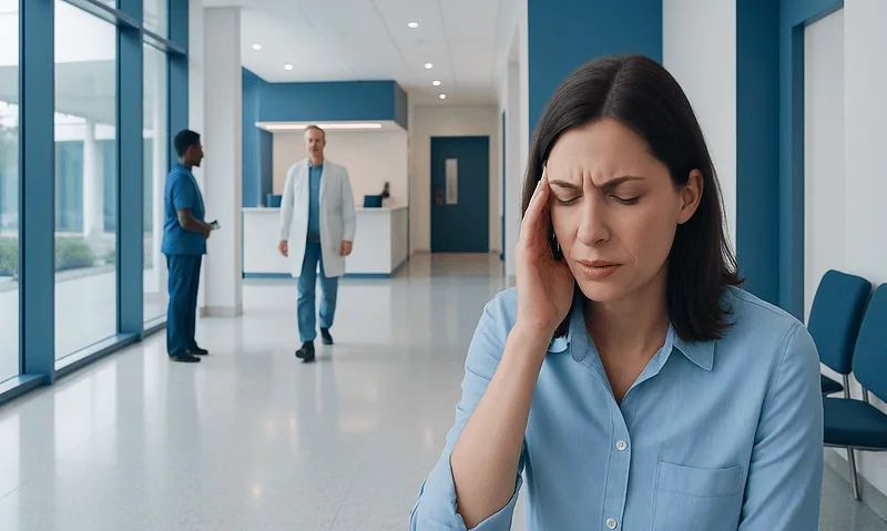 Woman with headache in hospital corridor, healthcare professionals in background.