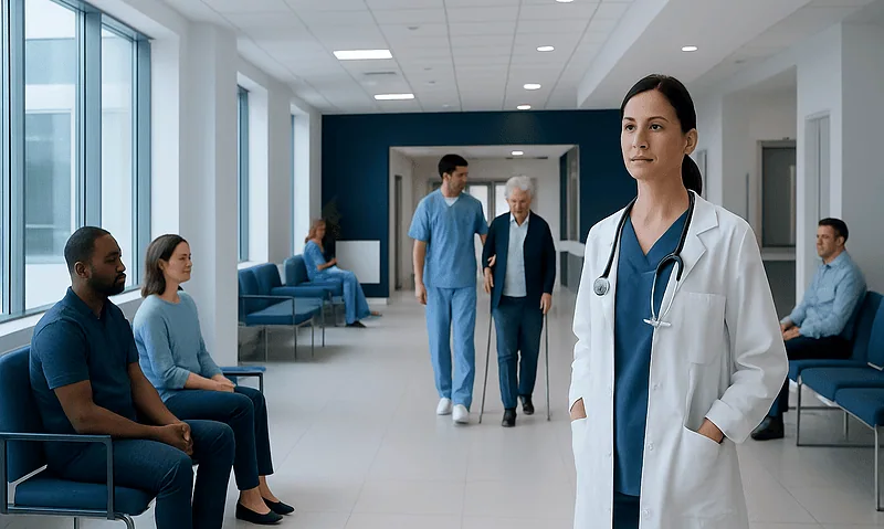 Healthcare professionals and patients in a modern hospital waiting area.