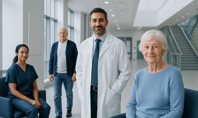 Healthcare professionals and elderly patient in a modern hospital setting.