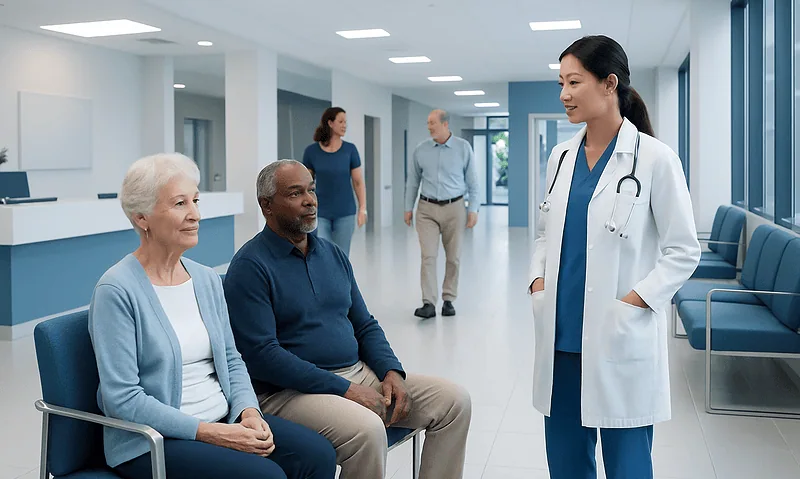 Healthcare professional consulting elderly patients in a modern hospital waiting area.