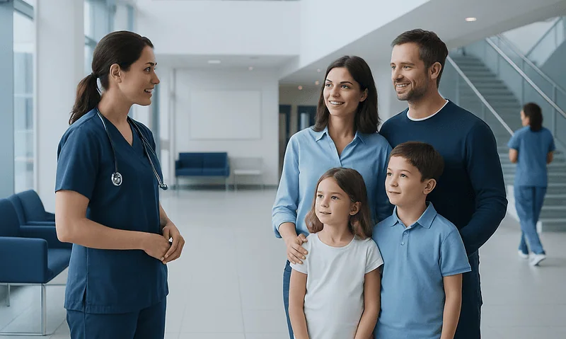 Family consulting with a healthcare professional in a hospital lobby.