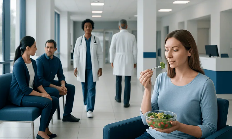 Young woman eating salad in hospital waiting area with medical staff nearby.