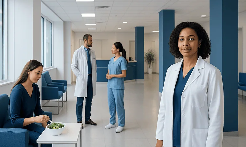 Healthcare professionals in a modern hospital lobby with a patient.