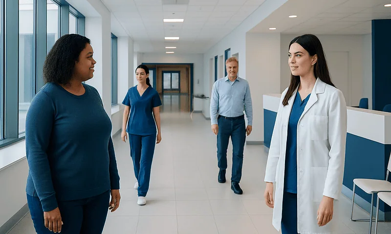 Diverse healthcare professionals in hospital corridor engaging in conversation.