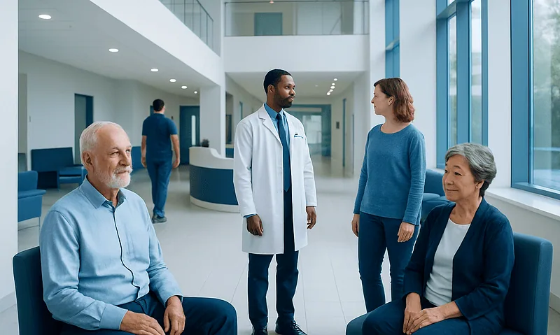 Healthcare professionals consulting with elderly patients in a modern hospital.