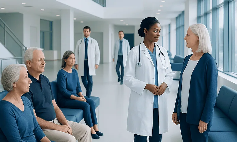 Healthcare professionals and elderly patients in a hospital corridor.