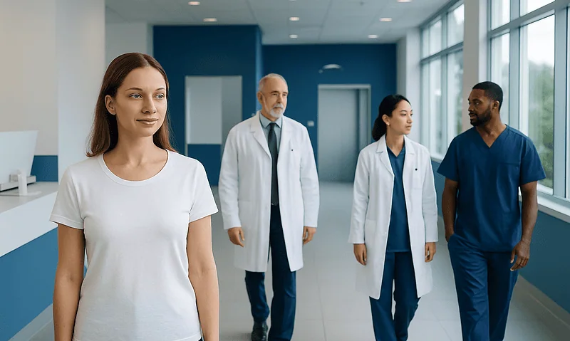 Patients and doctors walking in a modern hospital corridor.