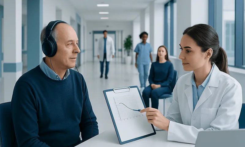 Doctor explains hearing test results to patient in a modern clinic.