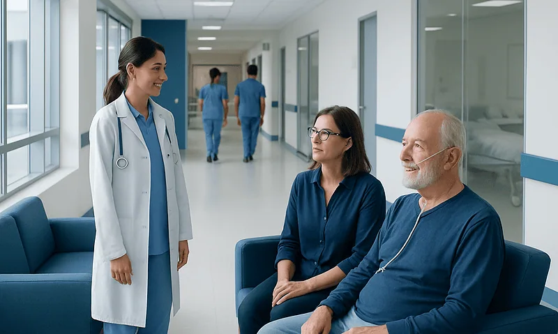 Health Library 15 Hospital staff consulting with a patient in a modern medical facility.