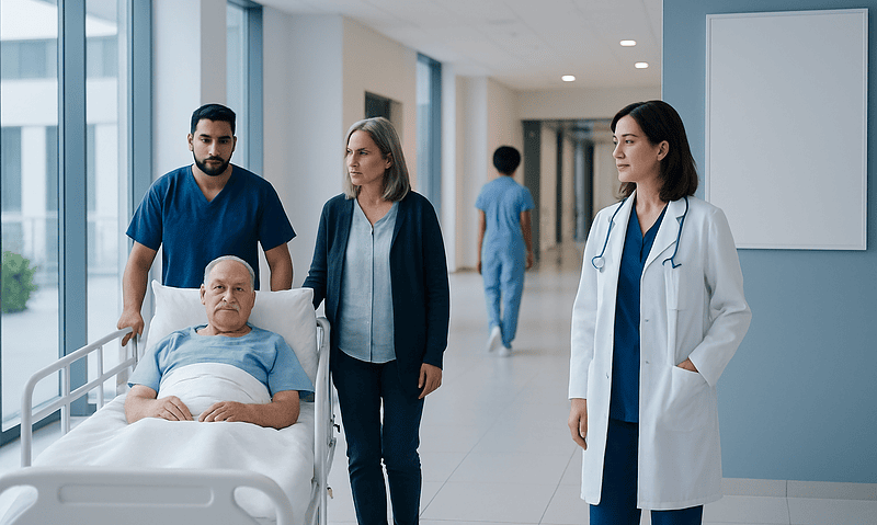 Hospital staff and patient in a modern hospital corridor.