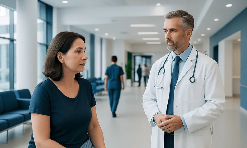 Doctor consulting a female patient in hospital corridor.
