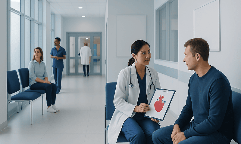 Doctor discussing heart health with patient in hospital corridor.