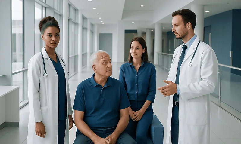 Medical team consulting with a patient in a hospital corridor.