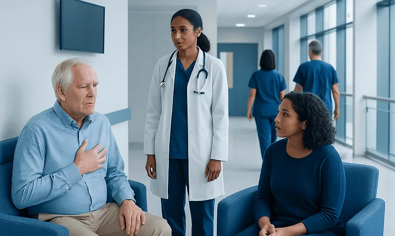 Doctor consulting with elderly patient and caregiver in hospital corridor.