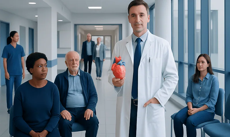 Doctor holding a heart model in a hospital corridor with patients and staff.