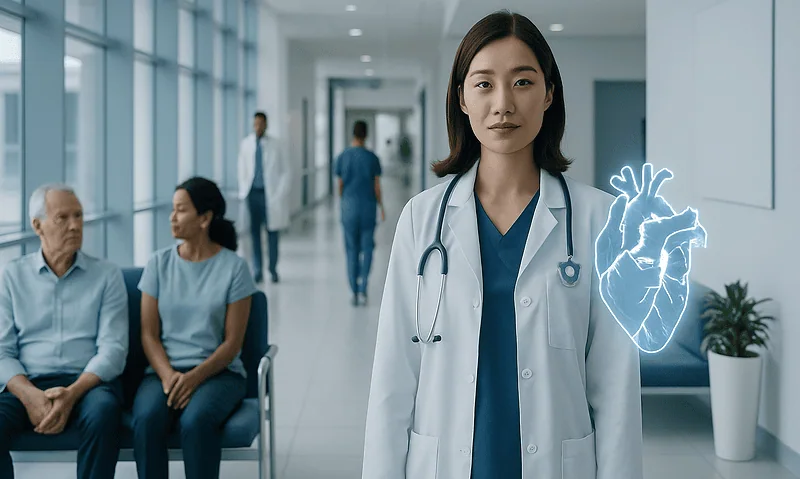 Heart Health: Habits That Support a Stronger Cardiovascular System 3 Doctor with stethoscope in hospital corridor with digital heart hologram.